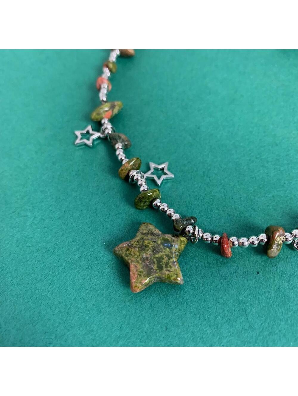 Y2k 2000s style Earth Tone Star Rock Silver Beaded Pendant Necklace. Chain is - Picture 6 of 7